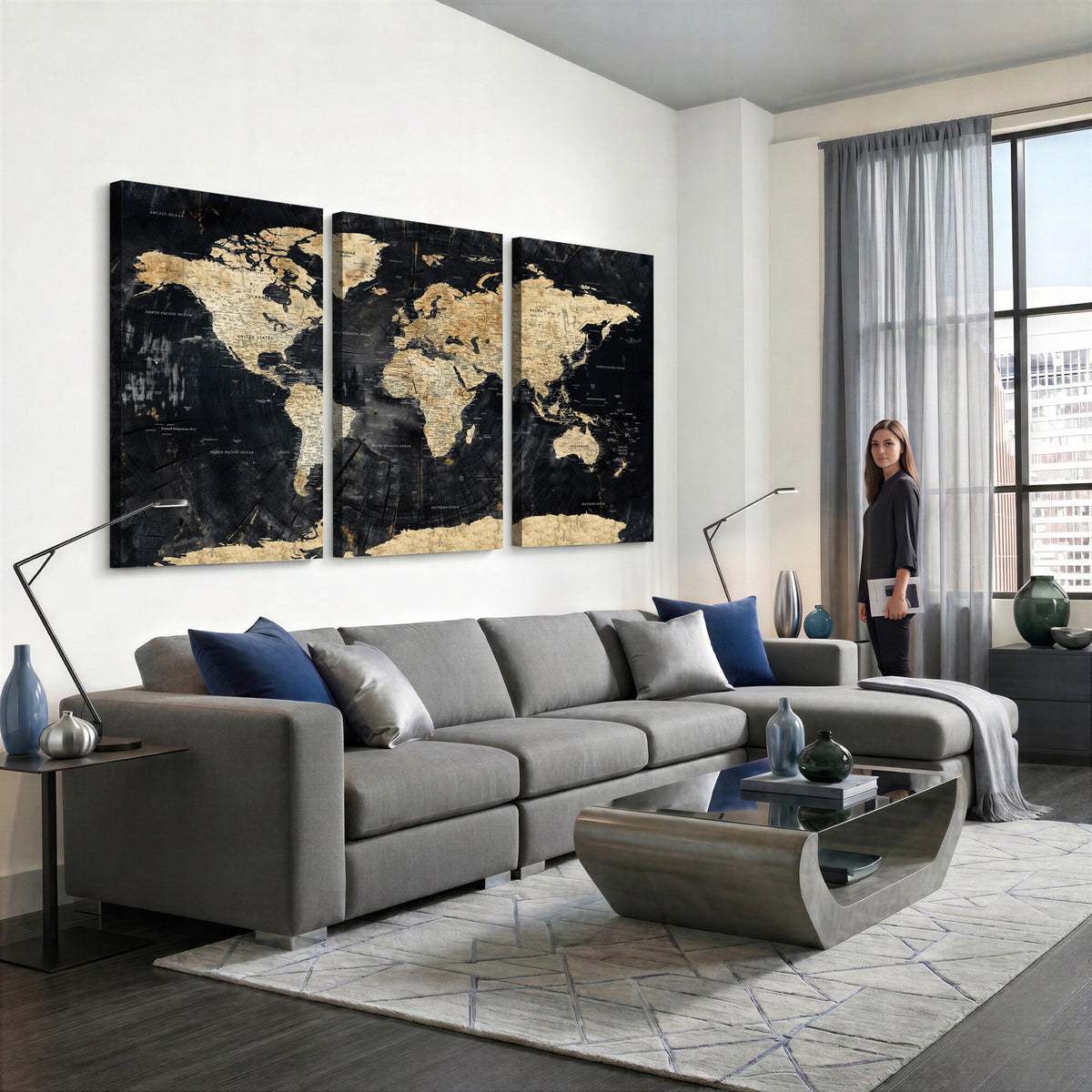Framed Large World Map Wall Art Canvas Print for Living Room