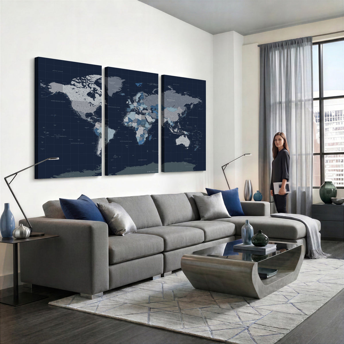 Blue Detailed World Map Wall Art Canvas Print | Modern Framed Map