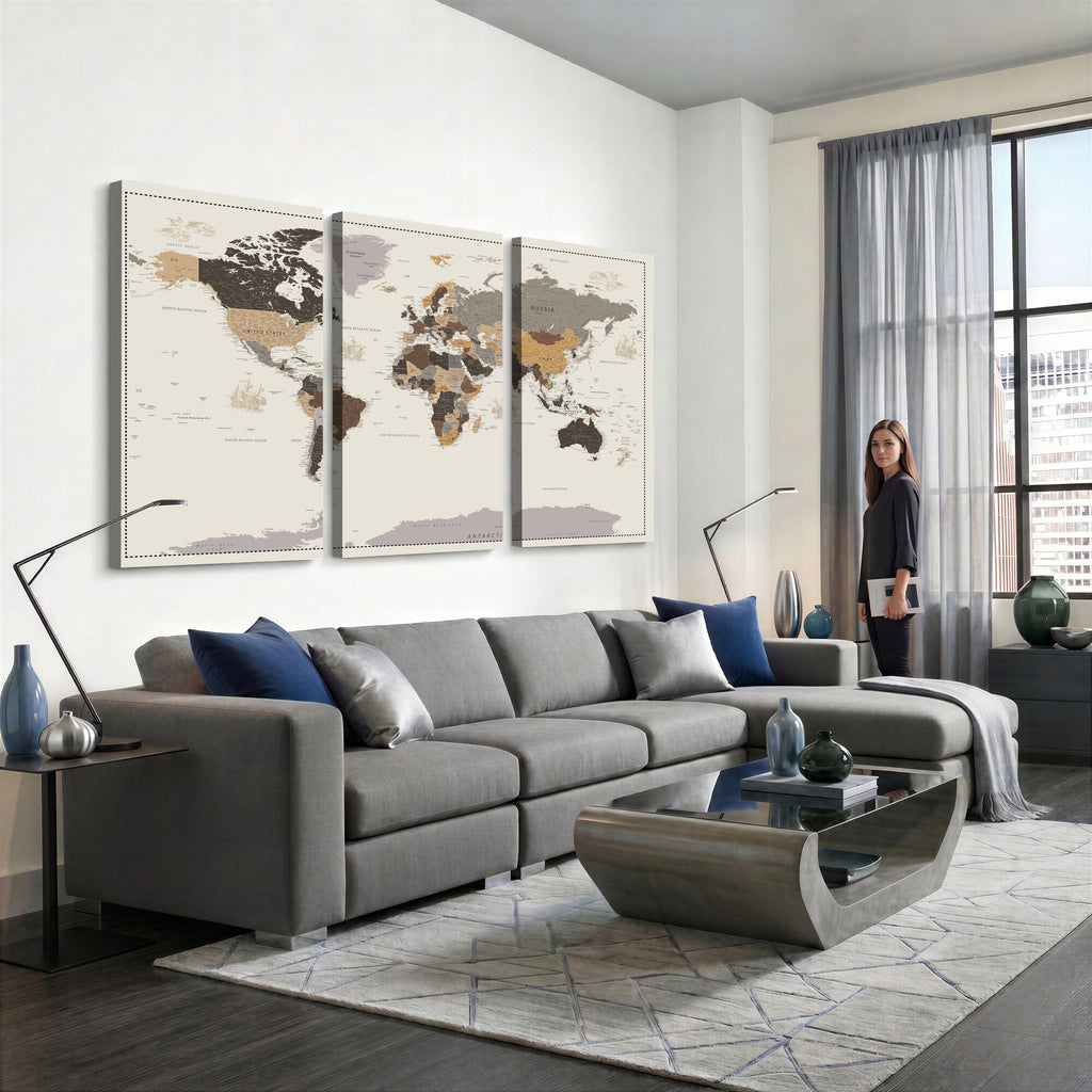 Custom Beige Modern Push Pin World Map Canvas Print, Places Visited Tracker, Bedroom and Study Decor