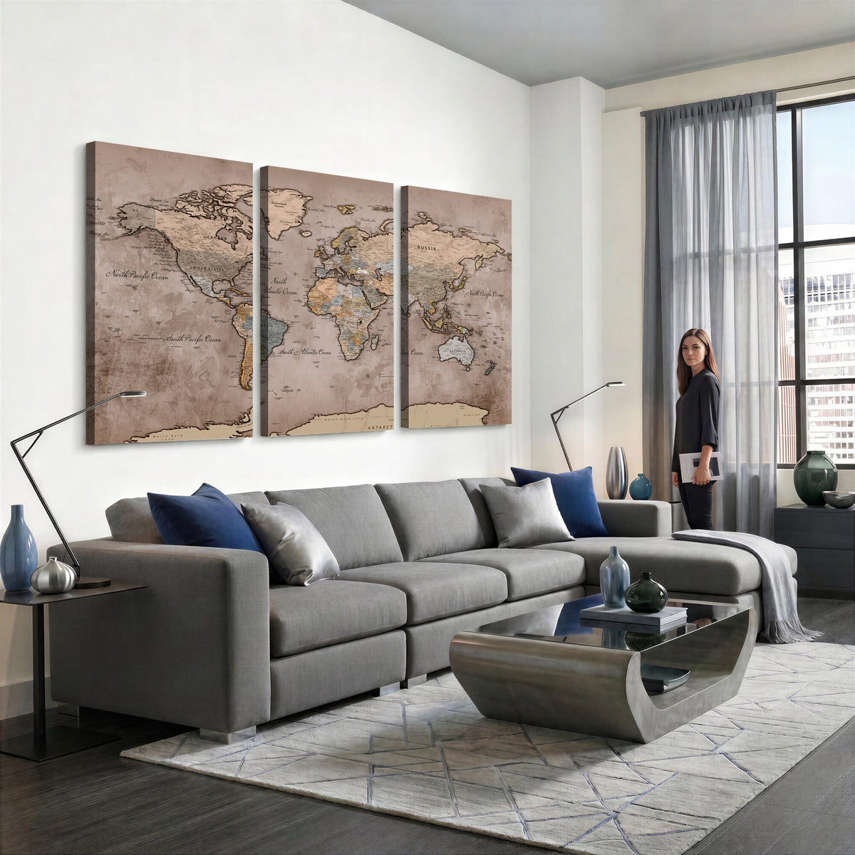 Grunge World Map Canvas Wall Art - Vintage Aged World Map with Golden Tones