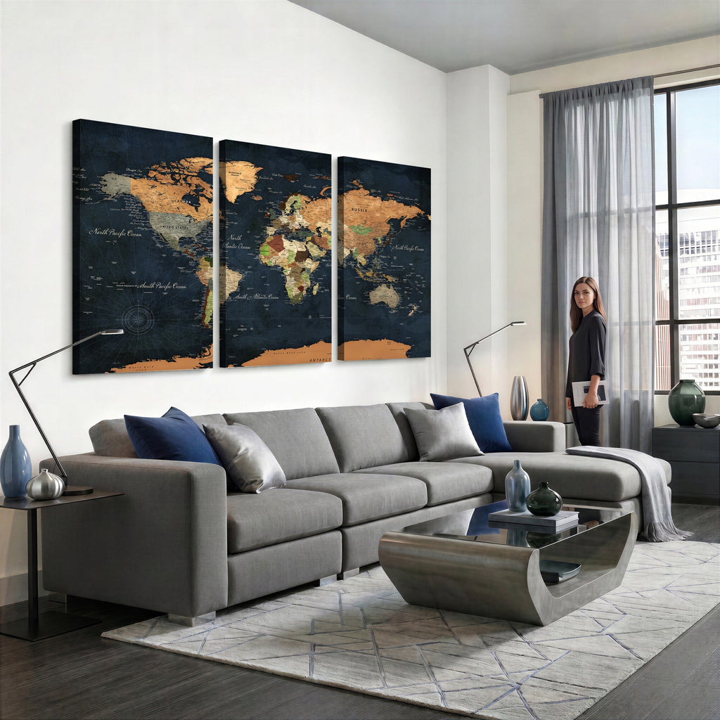 Vintage World Map Canvas Wall Art | Detailed Map with Countries, Oceans and Continents