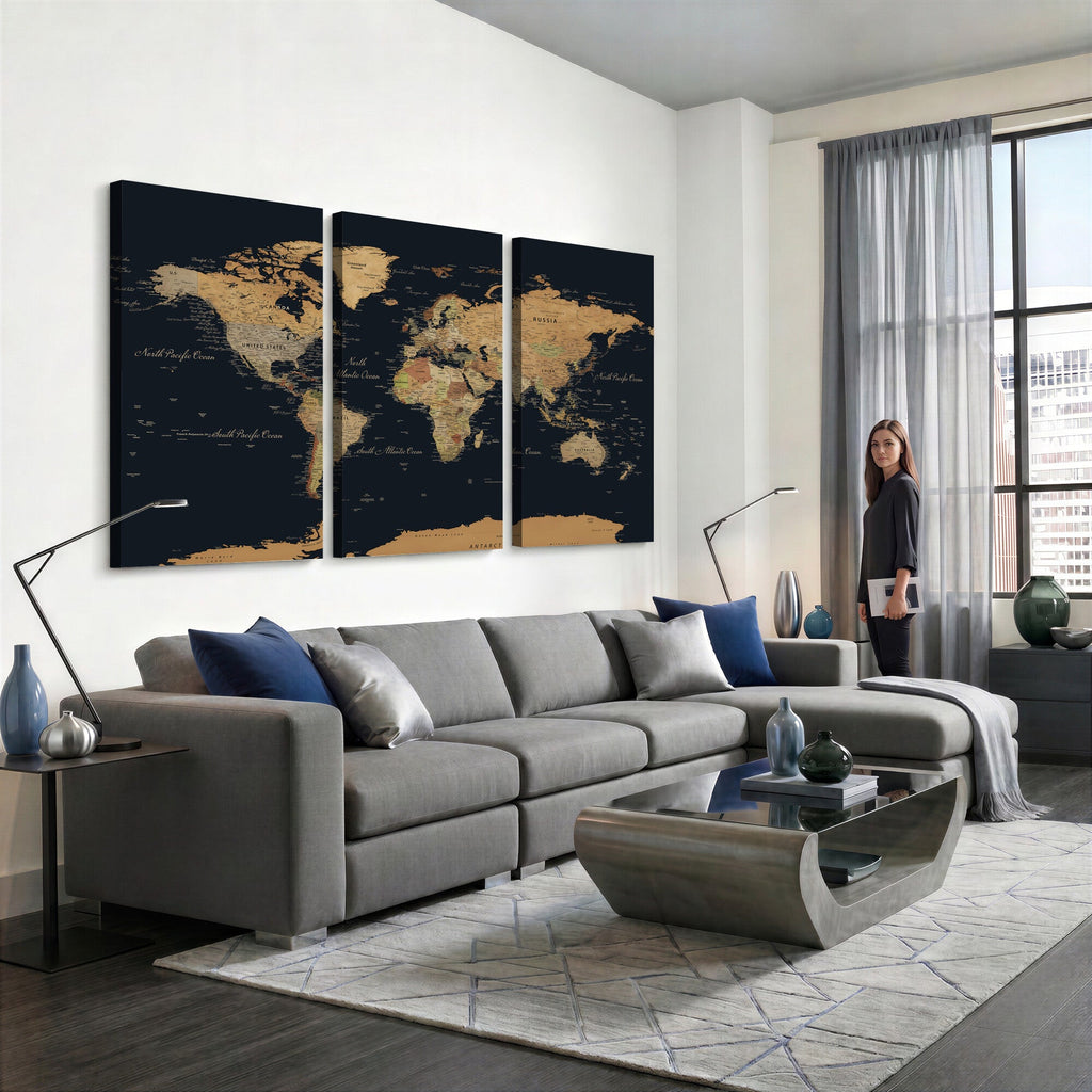 Vintage World Map Earth Globe Countries Oceans Continents