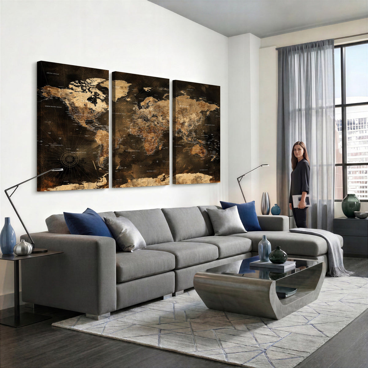 World Map Canvas Print, Modern Decorative Framed Map Artwork