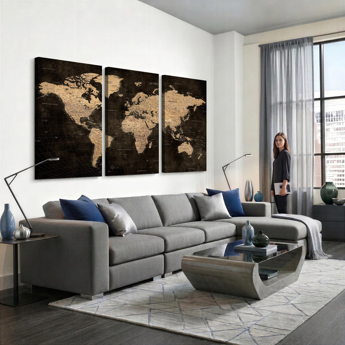 Brown World Map Canvas Print | Modern Travel Map Wall Art
