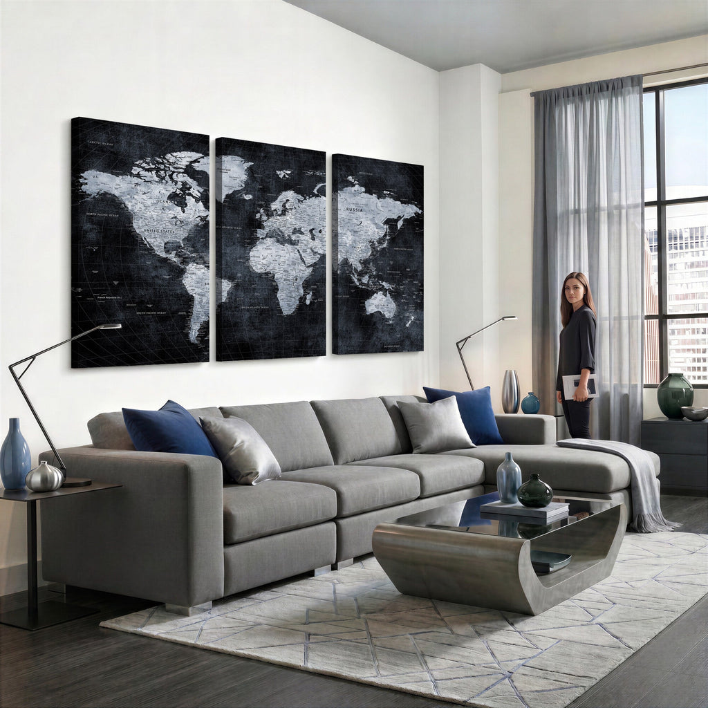 Black World Map Canvas Print | Detailed Map for Couples and Anniversary Gift