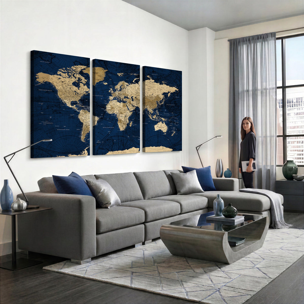 Navy Blue World Map Canvas Print | Detailed Minimal Navy Map Artwork