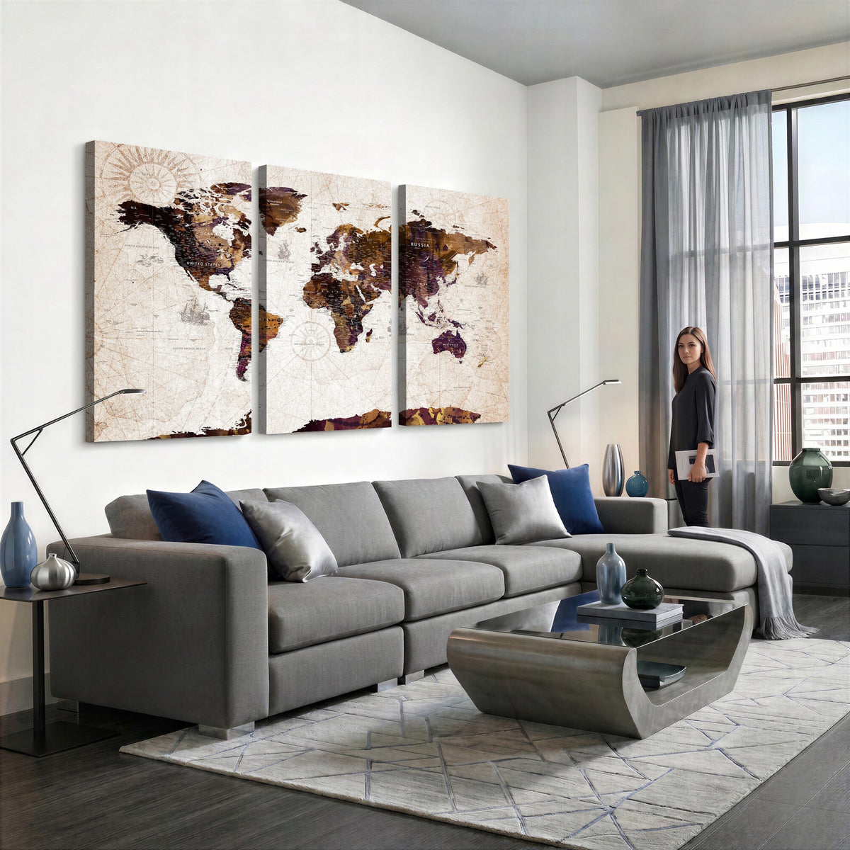 Blue Watercolor World Map Canvas Print | Framed Modern Wall Art