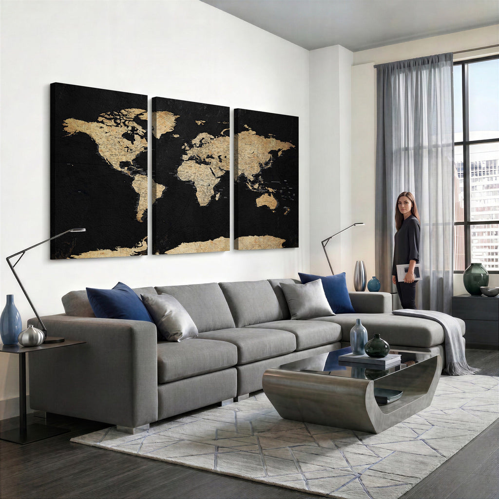 Beige World Map Canvas Wall Art Print, Minimal Black and Beige Map