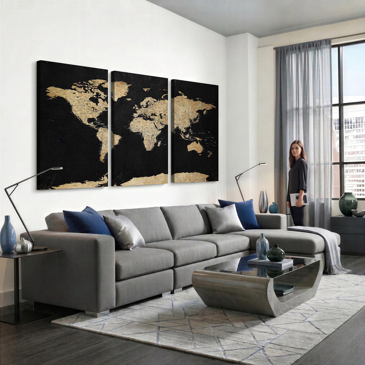 Beige World Map Canvas Wall Art Print, Minimal Black and Beige Map