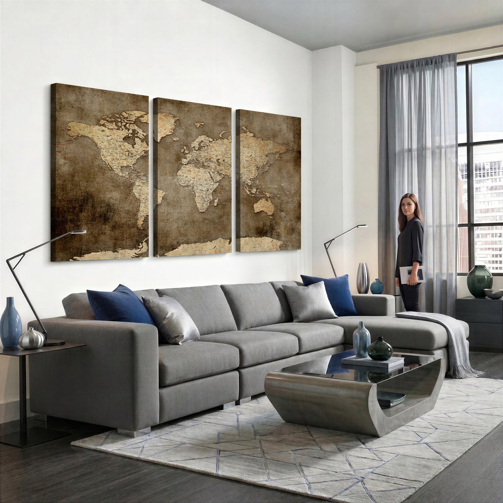Dark Vintage World Map Canvas Wall Art Print, Antique Map Artwork