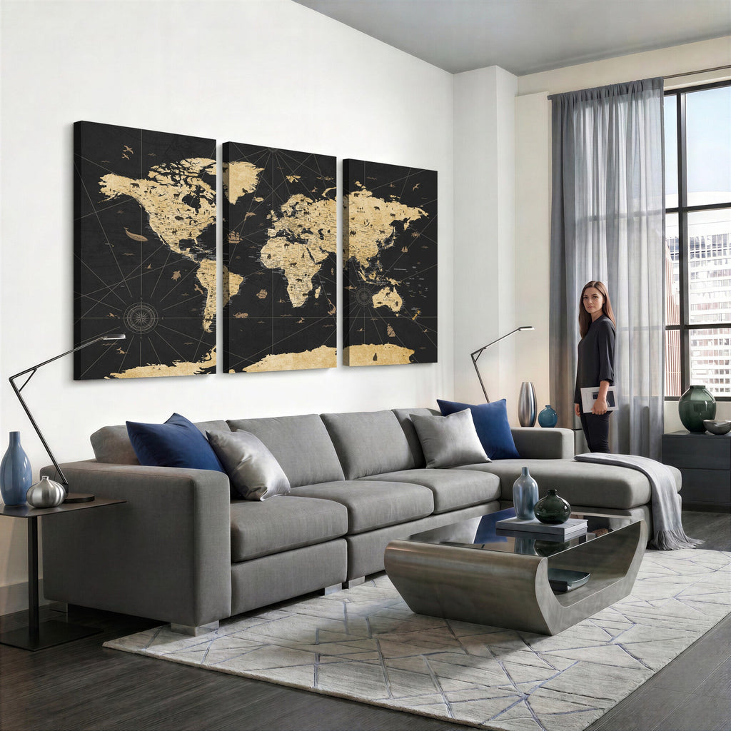 Vintage Blue and Brown World Map Canvas Wall Art | Framed Rustic Map Print