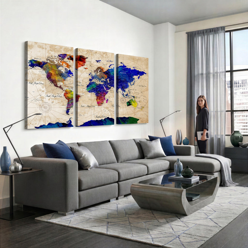 Watercolor World Map Canvas Print | Framed Wall Art for Couples