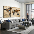World Map Wall Art | Rustic Earth Tone Canvas Print, Antique Travel Map
