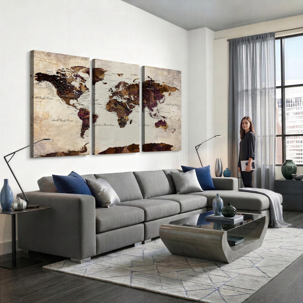 World Map Canvas Triptych | Colorful Global Wall Art for Living Rooms