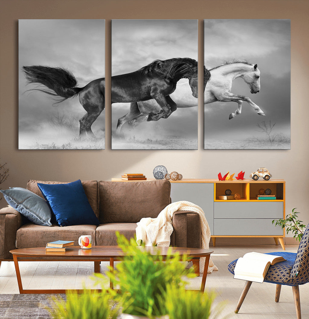 Wild Horses Wall Art Canvas Print, Framed Black and White Galloping Horses