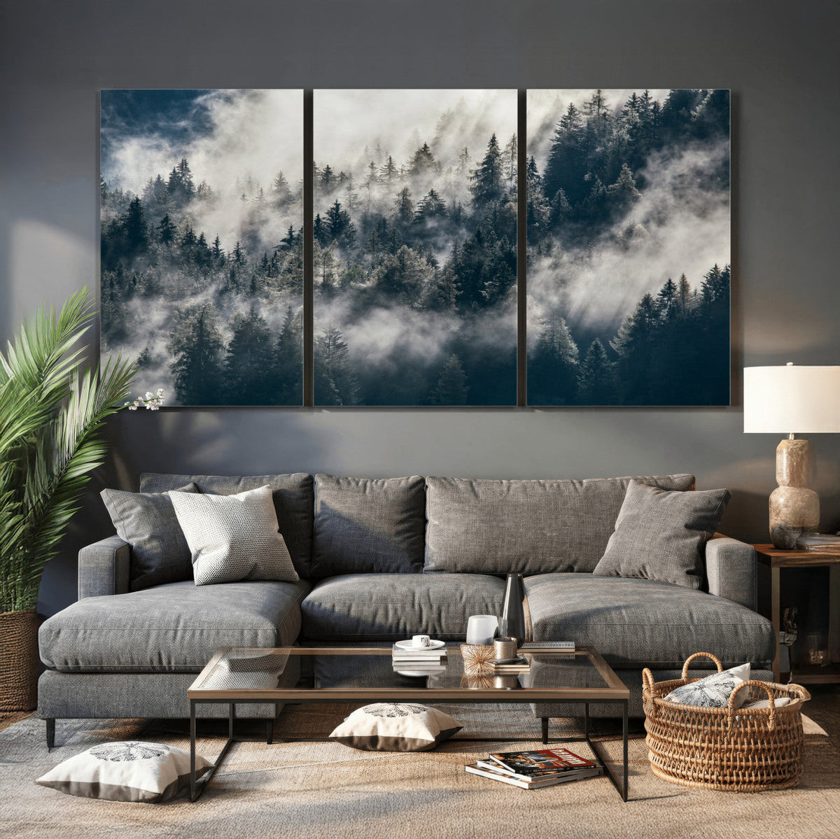 Foggy Mountain Forest Canvas Print, Misty Pine Trees Nature Wall Art