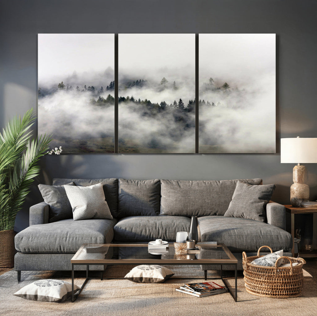 Foggy Forest Wall Art Canvas Print, Misty Pine Tree Landscape