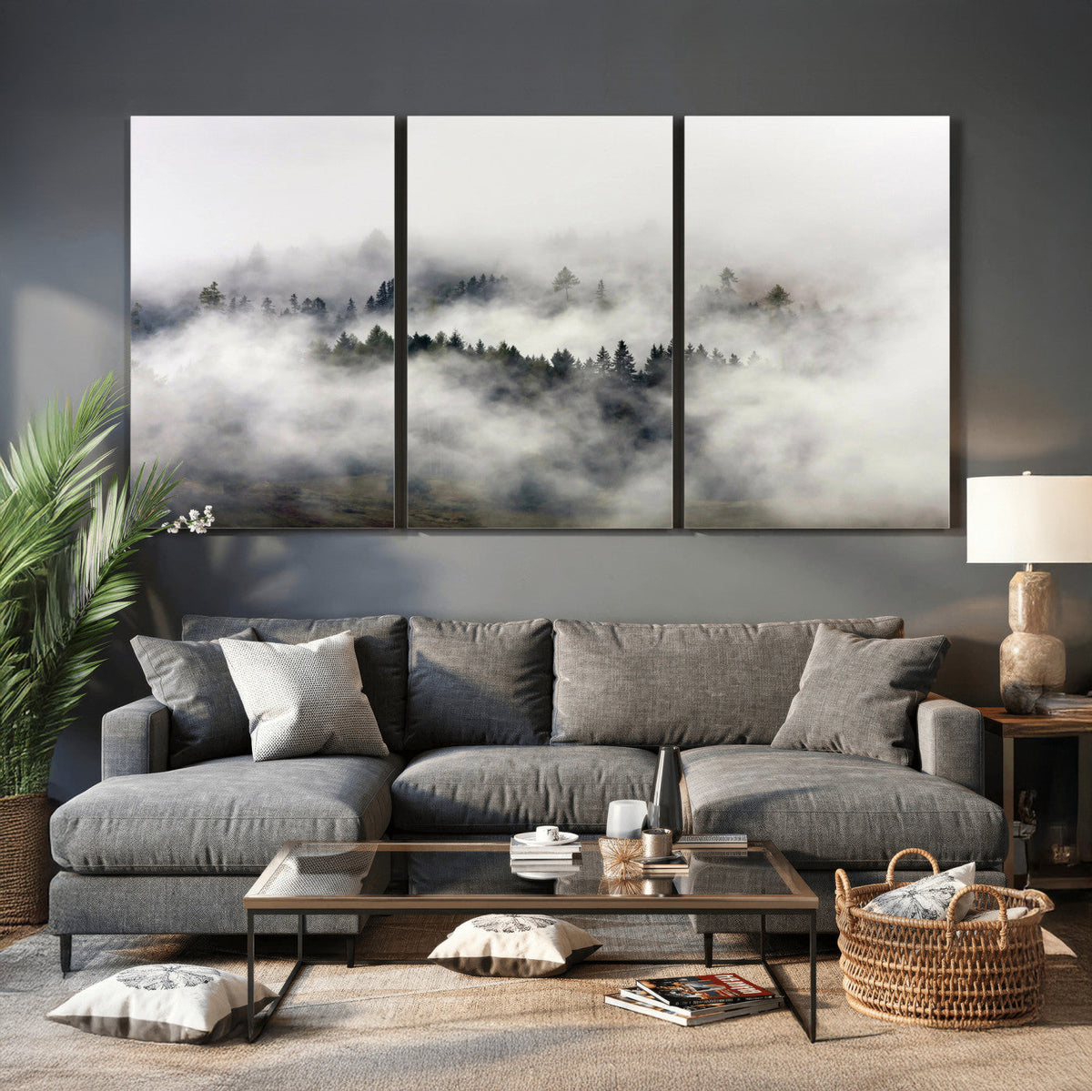 Foggy Forest Wall Art Canvas Print, Misty Pine Tree Landscape