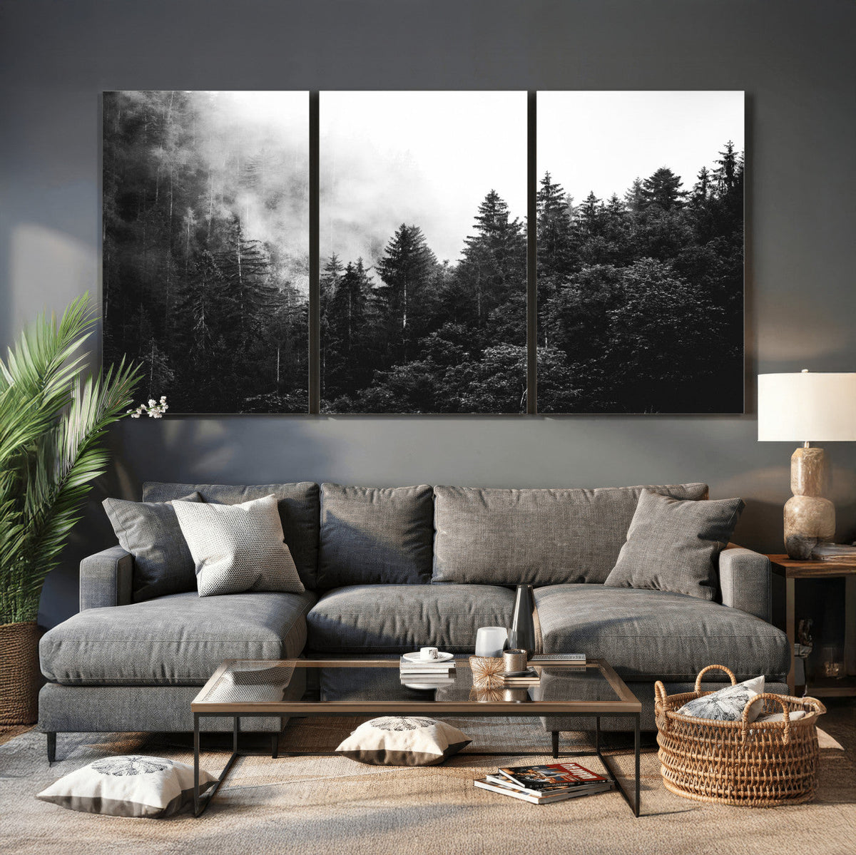 Black White Forest Wall Art Canvas Print, Misty Pine Tree Landscape