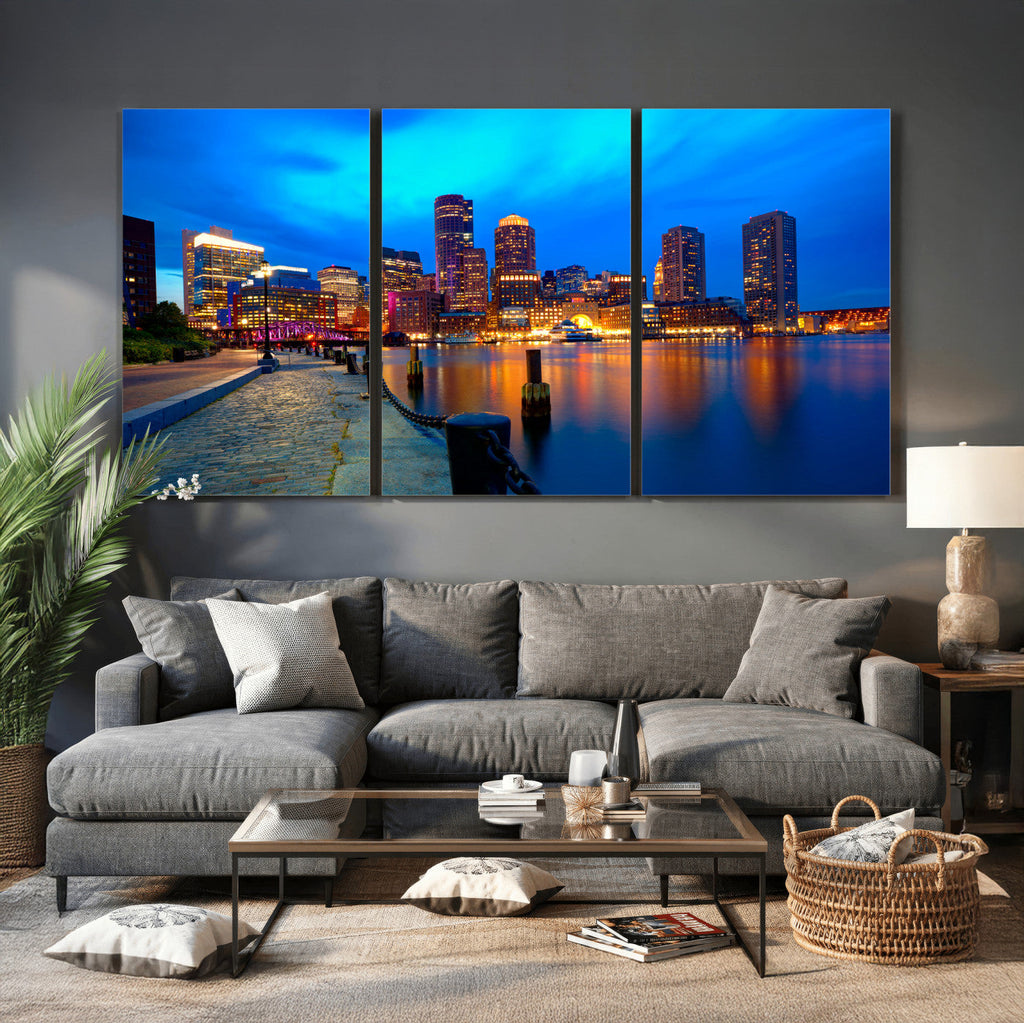 Boston Wall Art Canvas Print, Boston City Downtown Night Cityscape