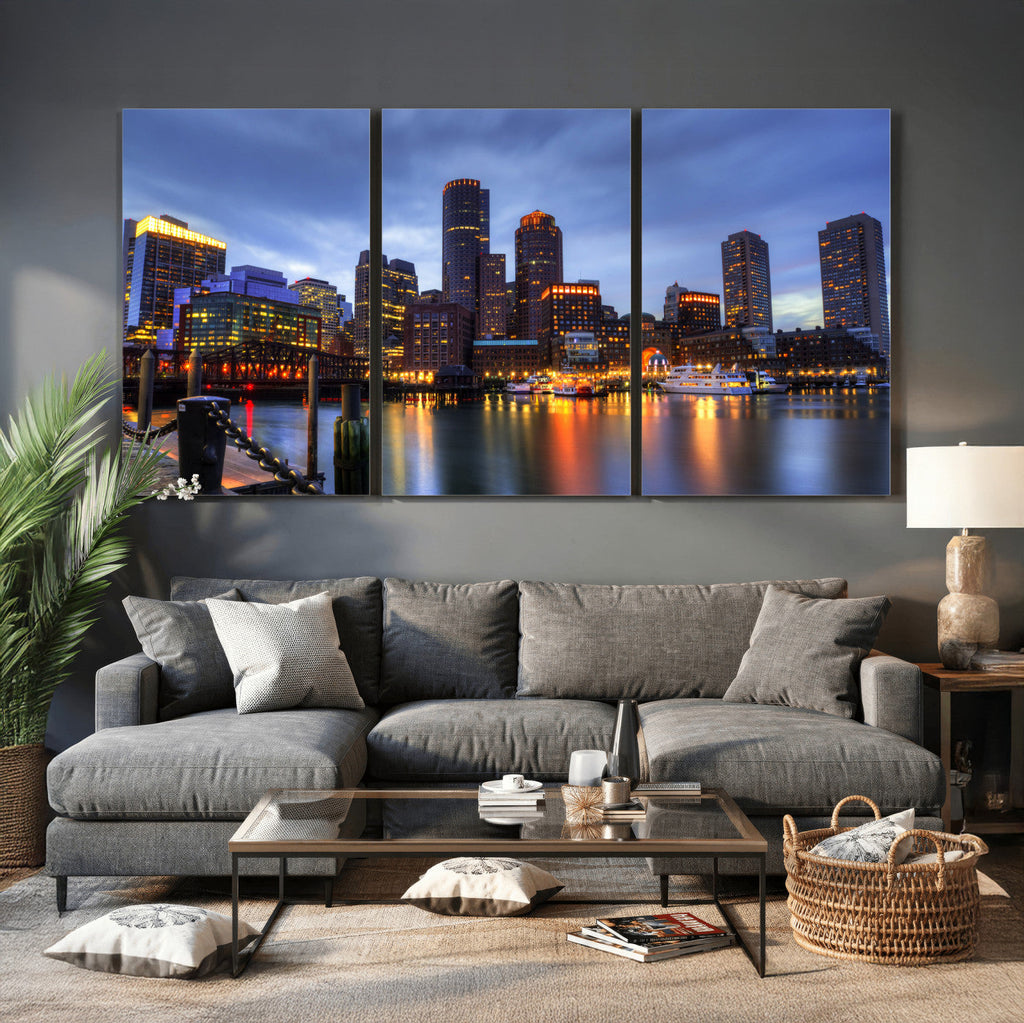 Boston Wall Art Canvas Print, Boston City Downtown Night Cityscape