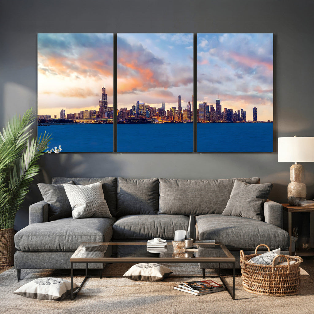Chicago Wall Art Canvas Print - Chicago City Downtown Night Cityscape