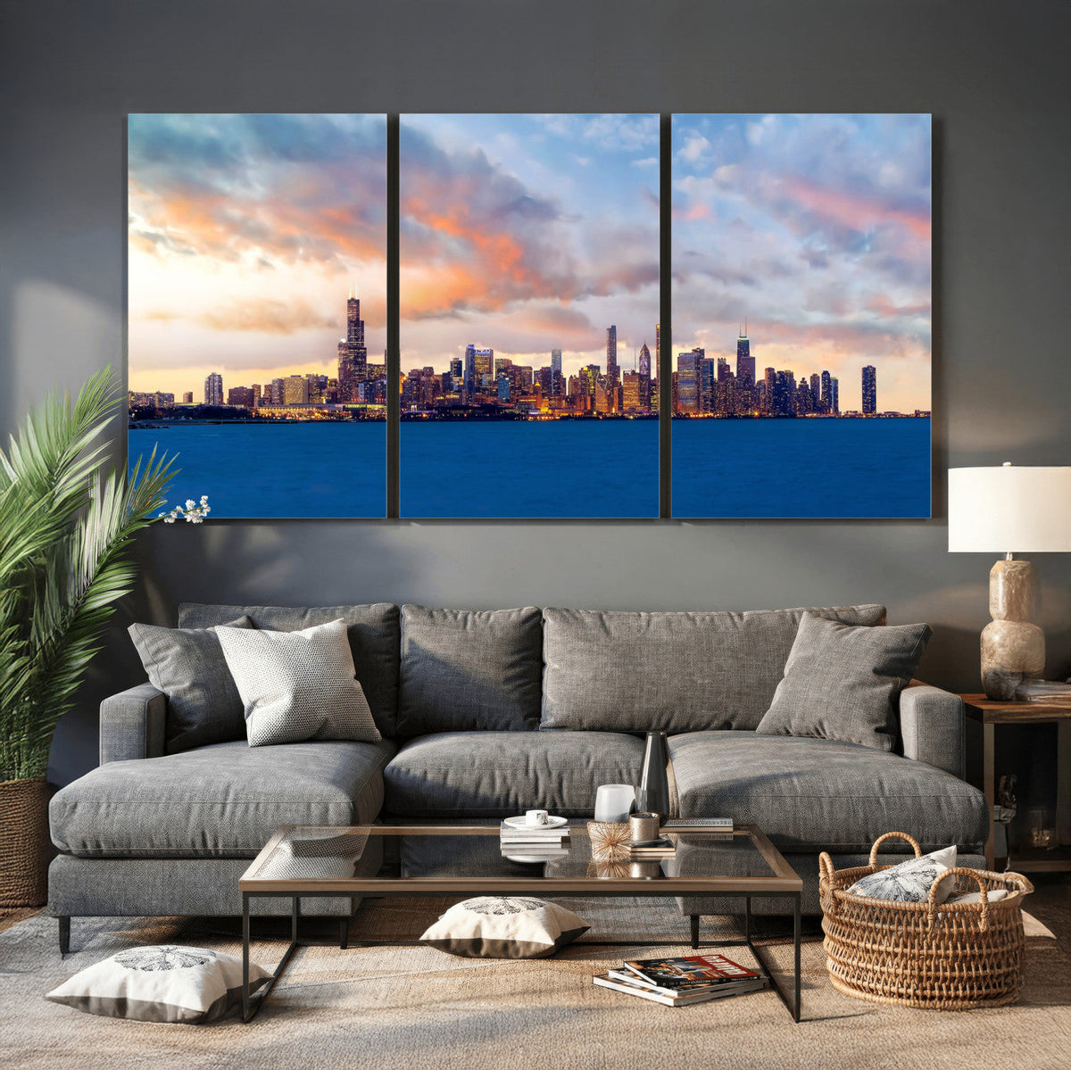 Chicago Wall Art Canvas Print - Chicago City Downtown Night Cityscape