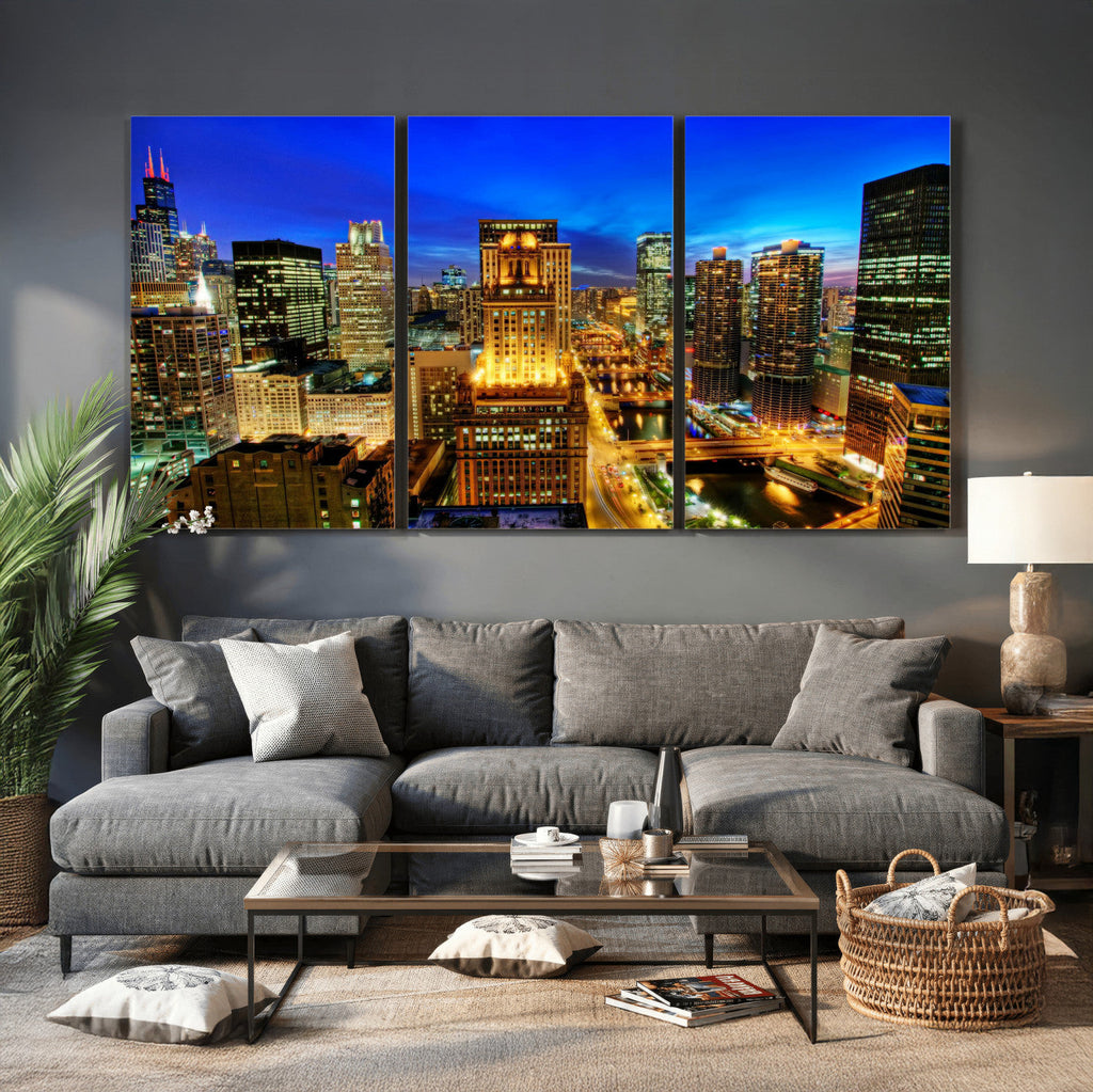Chicago Wall Art Canvas Print - Chicago City Downtown Night Cityscape