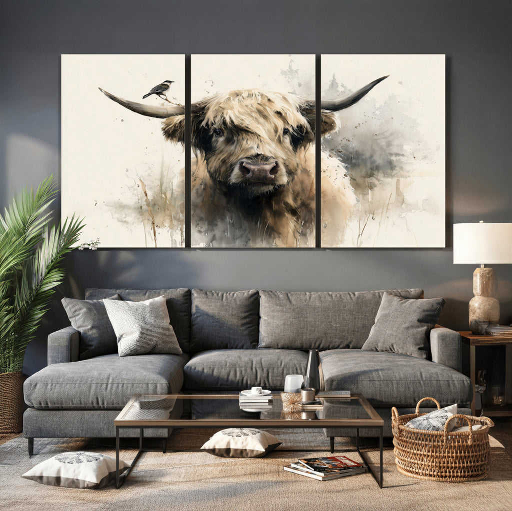 Abstract Highland Cow Wall Art Canvas Print, Rustic Farm Cattle Portrait