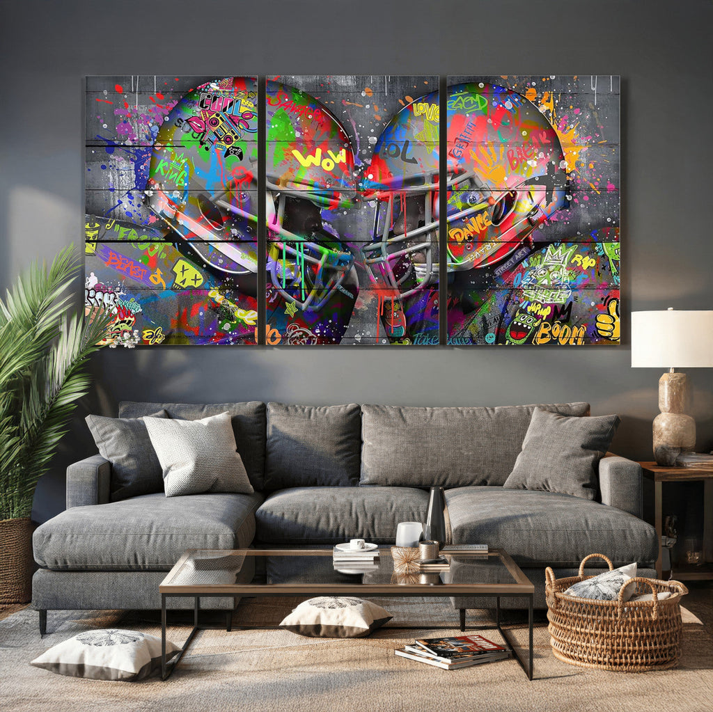 Graffiti Football Helmets Wall Art Canvas Print, Urban Street Art