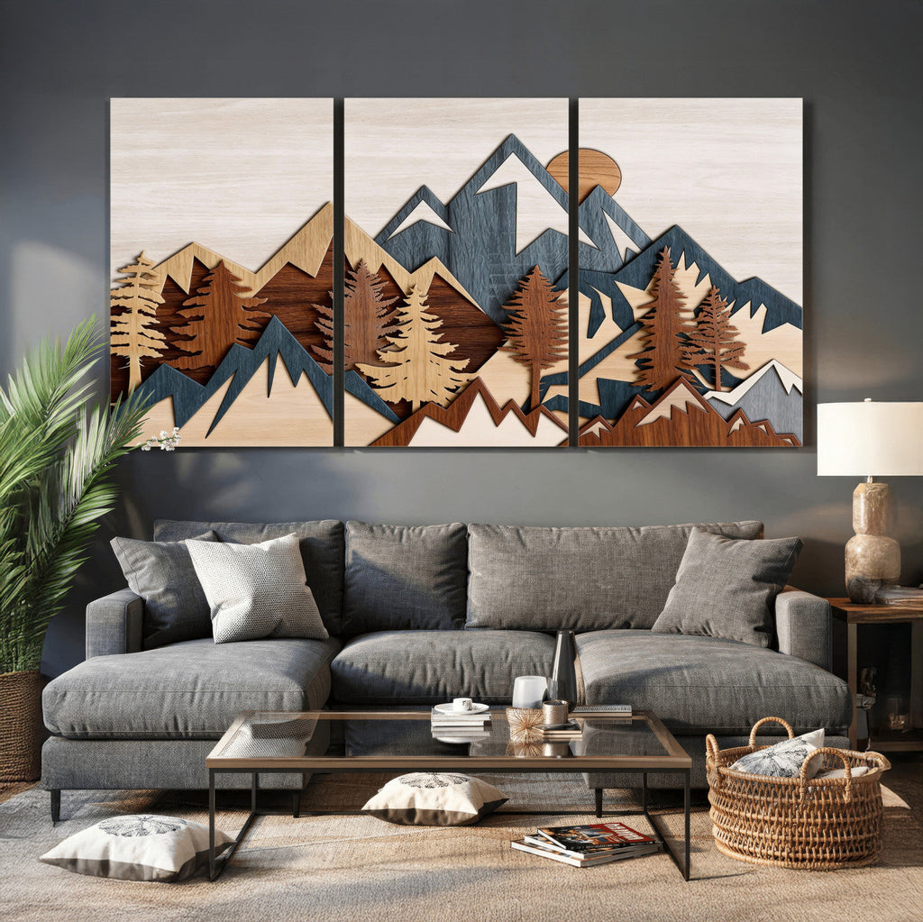 Layered Wooden Mountain Wall Art Canvas Print, Modern Rustic Forest and Pine Landscape