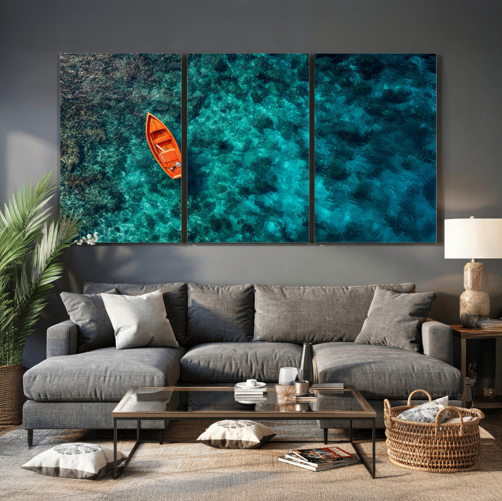 Turquoise Ocean Boat Wall Art Canvas Print