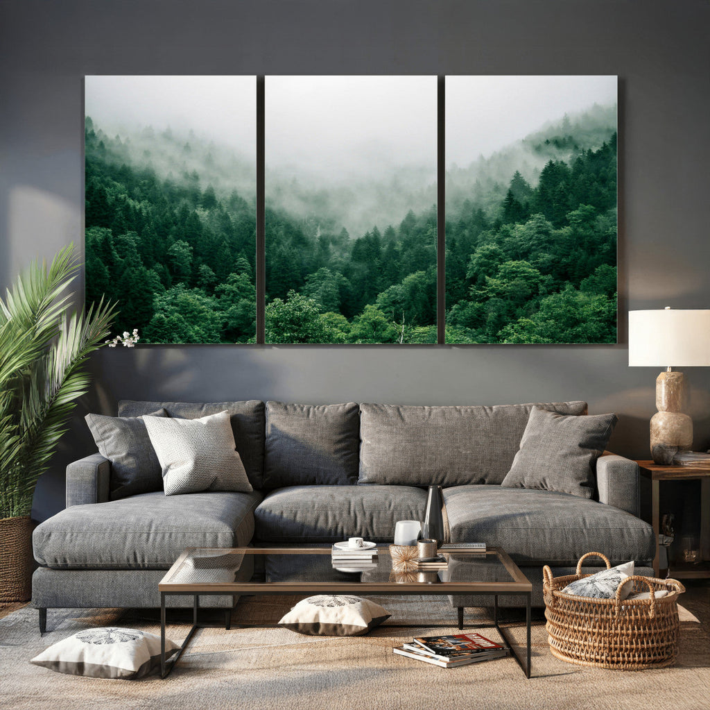 Misty Pine Forest Wall Art Canvas Print, Foggy Evergreen Landscape