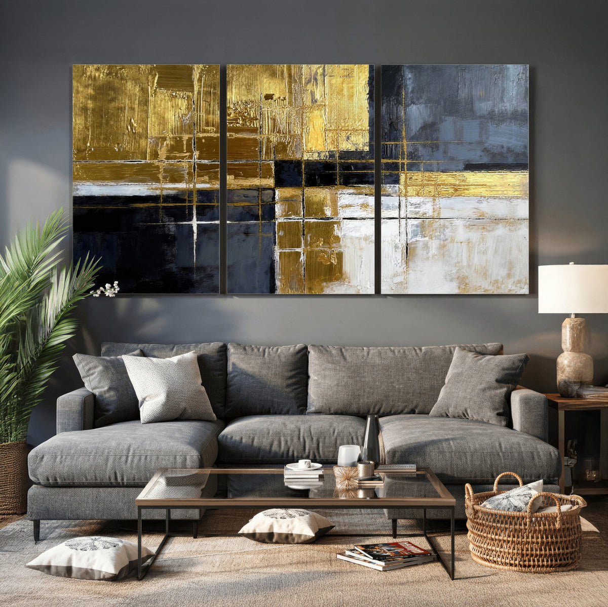 Gold Navy Abstract Wall Art Canvas Print, Modern Luxury Geometric Art for Living Room and Office