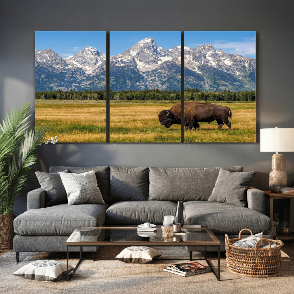 Bison in Mountain Landscape Wall Art Canvas Print, Western Decor