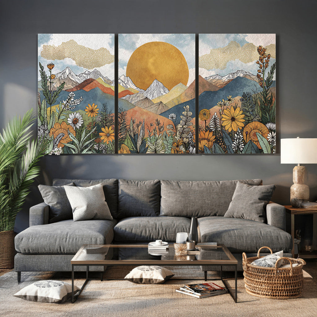 Boho Mountain Landscape Large Wall Art, Horizontal Gold Sun and Flowers Print