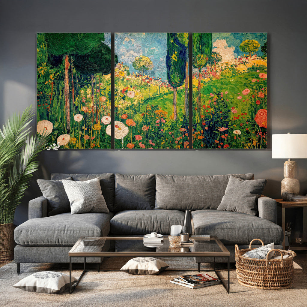 Gustav Klimt Boho Mountain Landscape Large Wall Art, Gold Sun and Flowers Print