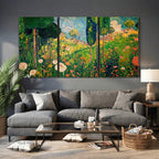 Gustav Klimt Boho Mountain Landscape Large Wall Art, Gold Sun and Flowers Print