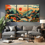 Yayoi Kusama Boho Mountain Landscape Large Wall Art, Gold Sun and Flowers Print