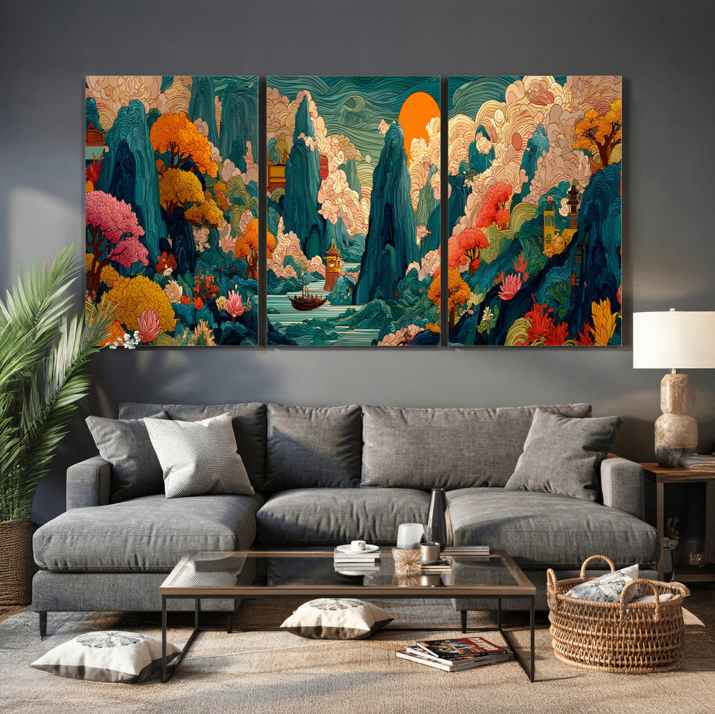 Colorful Japanese Landscape Print: Maximalist Panoramic Wall Art