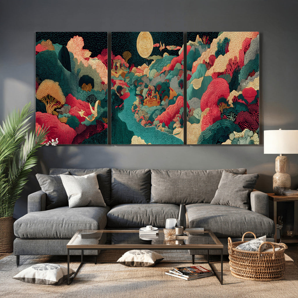 Colorful Japanese Landscape Print: Maximalist Panoramic Wall Art
