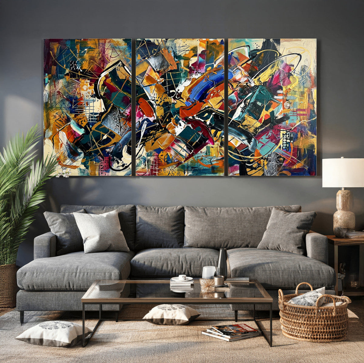 Geometric Abstract Wall Art Canvas Print, Orange Blue