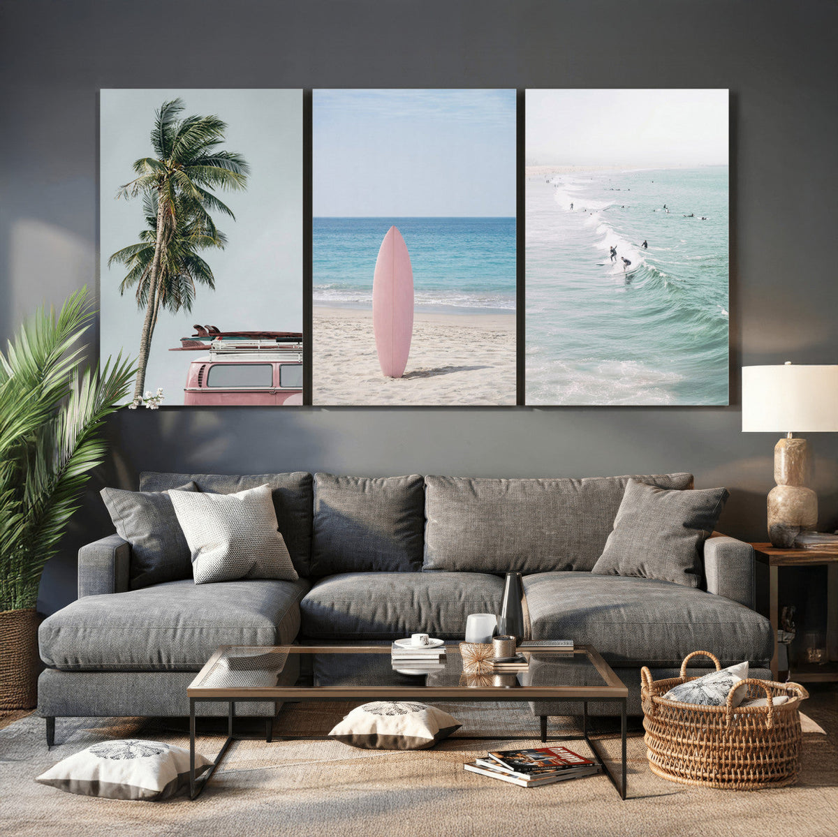 Surf Canvas Wall Art Set, Pink Surfboard VW Van Palm Tree