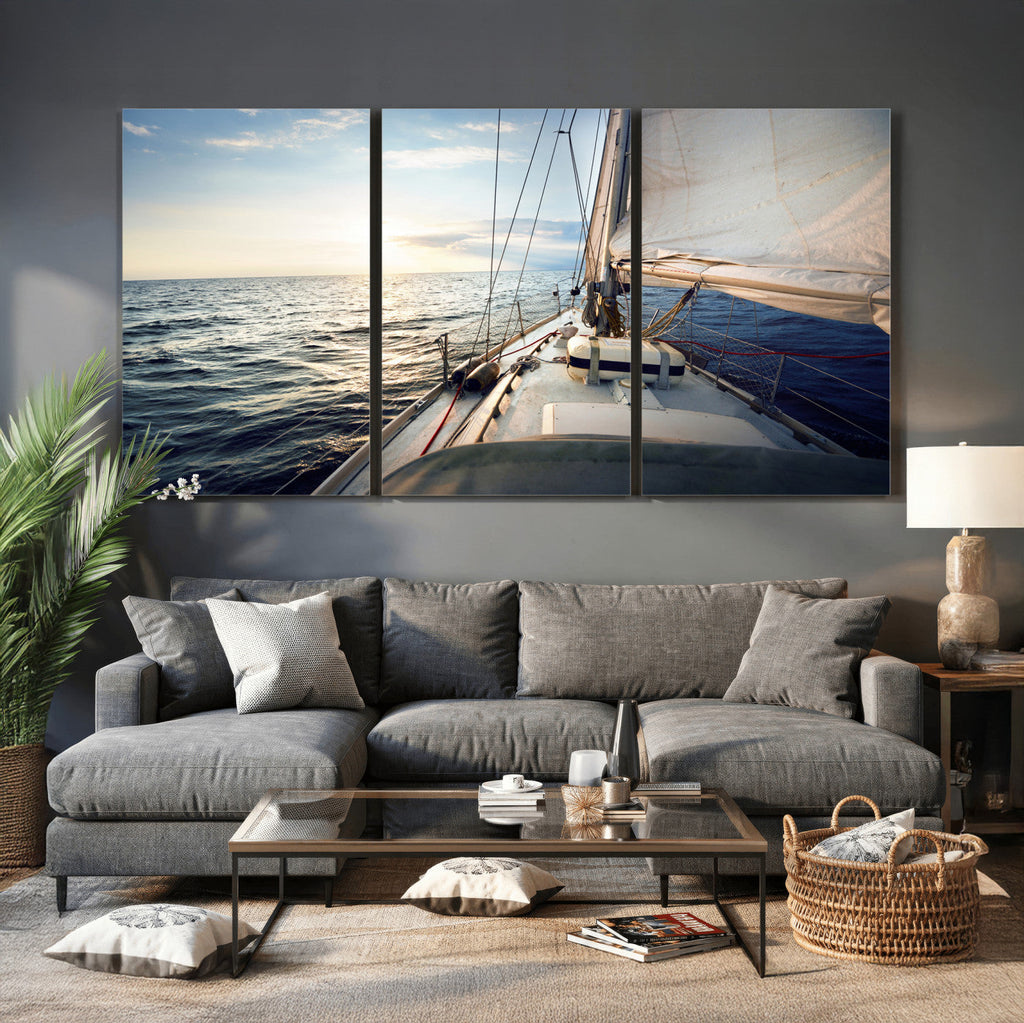 Sailboat Wall Art Canvas Print, Ocean Sunset Sailing Framed Artwork