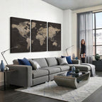 World Map Canvas Wall Art, Dark Charcoal and Antique Tan Detailed Map