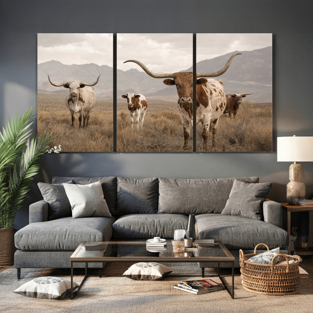 Rustic Texas Longhorn Cow Canvas Wall Art Print, Farm Animal Photography