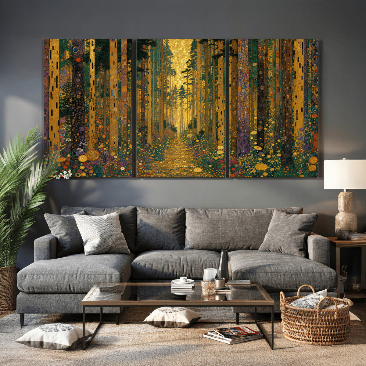 Gustav Klimt Style Forest Canvas Wall Art, Golden Forest Path Floral Art Nouveau Print