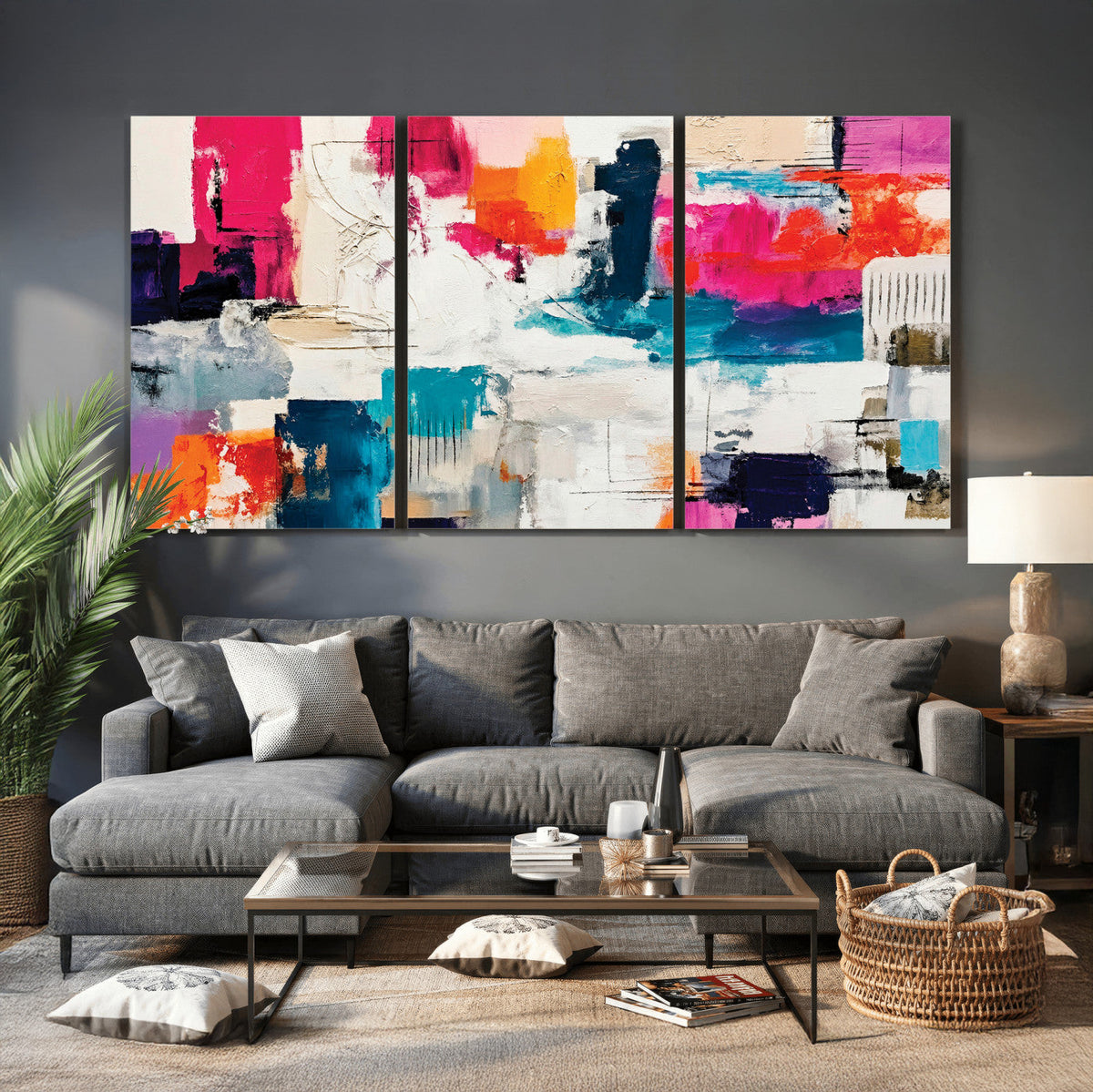 Blue Teal Abstract Canvas Wall Art, Modern Brushstroke Style Print, Navy Orange Contemporary Decor