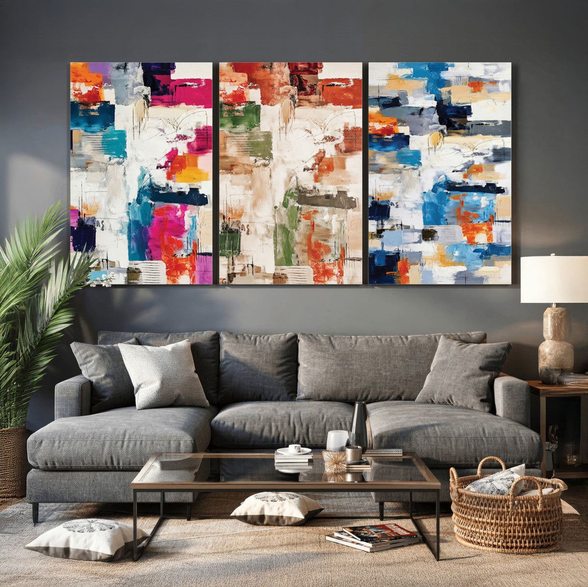 Blue Teal Abstract Canvas Wall Art, Modern Brushstroke Style Print, Navy Orange Contemporary Decor