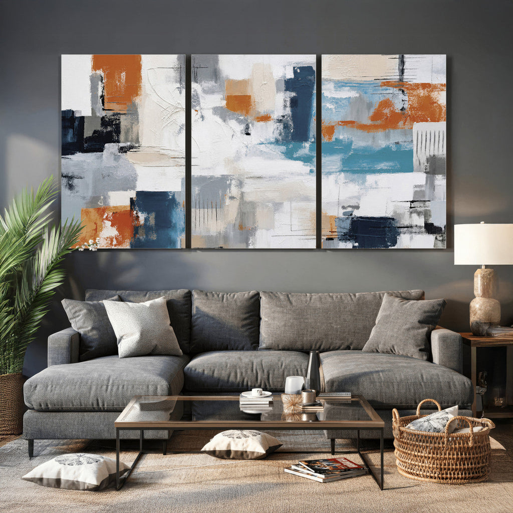 Blue Teal Abstract Canvas Wall Art, Modern Brushstroke Style Print, Navy Orange Contemporary Decor